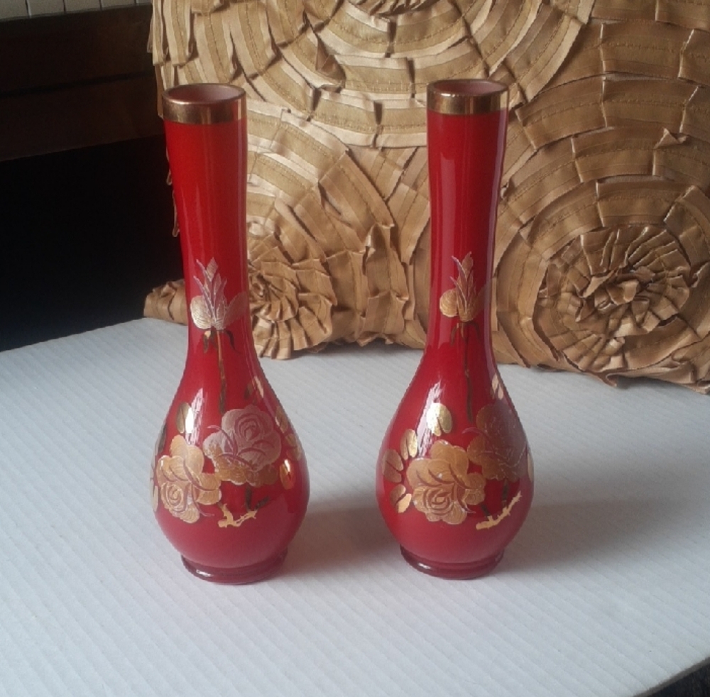 Vtg Hand Blown Glass Hand Painted Elegant Red and Gold Vases Circa 1960